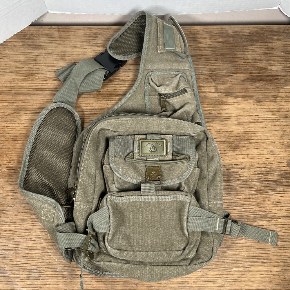 Urban Sling Crossbody Backpack Olive Green Canvas Multi-Pocket Hiking Fishing